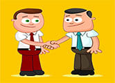 Two cartoon businessmen shaking hands.